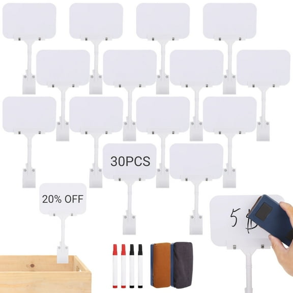 30 PCS Rotating Clip Sign Holders, Erasable White Plastic Sign Clip, Reusable Chalkboard Sign with Markers & Erasers for Supermarket Cafe Bakery Clothes Store