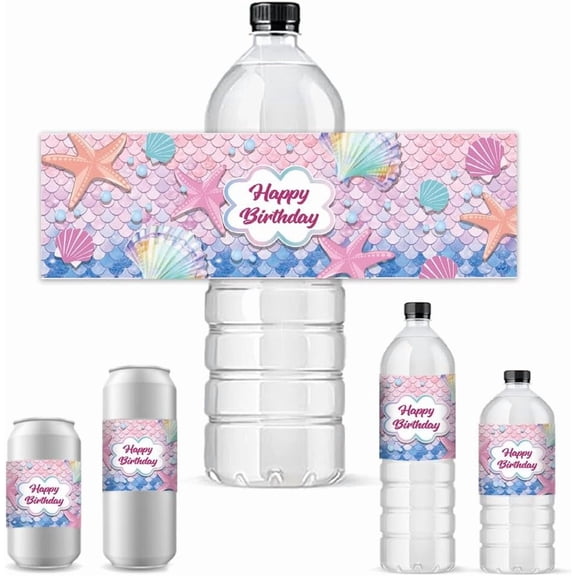 30 PCS Shell Water Bottle Labels Dream Ocean Water Bottle Stickers Starfish Seashell Happy Birthday Water Bottle Wrappers