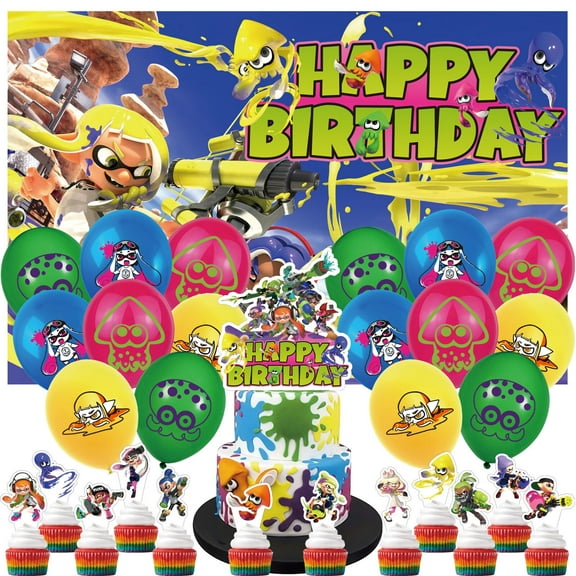 30 PCS For Splatoon Theme Birthday Party Supplies Party Favor Set,Includes 5*3ft Birthday Backdrop Decorations,16 Balloons,13 Cupcake Toppers, All-in-One Party Supply Set