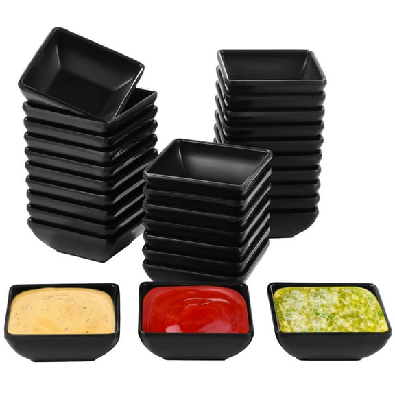 30 PCS Square Dipping Sauce Bowls, No Tipping Over Sauce Dish, 2.3 oz Black Melamine Condiment Saucer for Family Gatherings and Catering