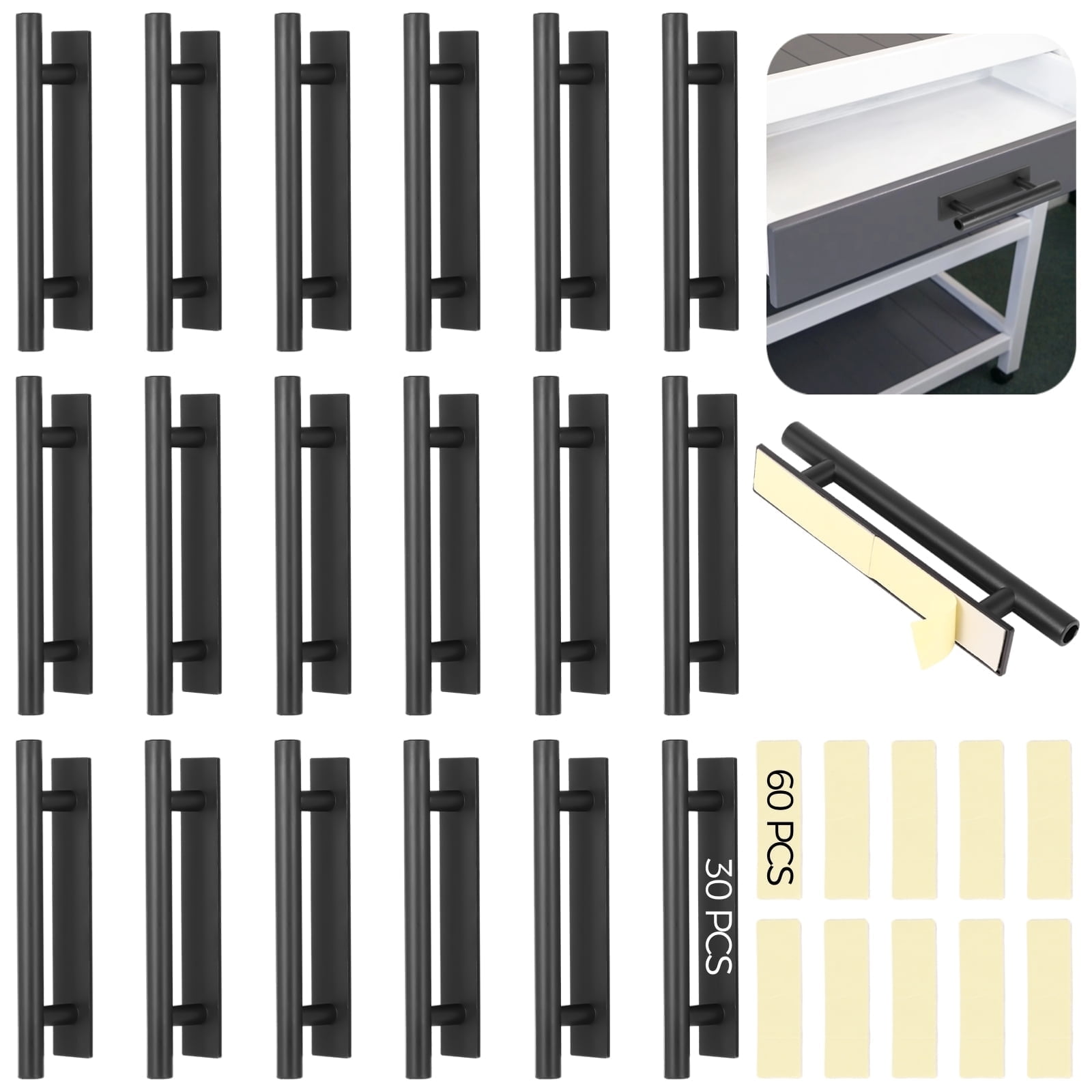 30 PCS Stick-on Cabinet Handles, Self-Adhesive Door Handles in Black, Waterproof Plastic Push Pull Helper, Peel and Stick Handles for Cabinets Drawers Wardrobes Sliding Doors