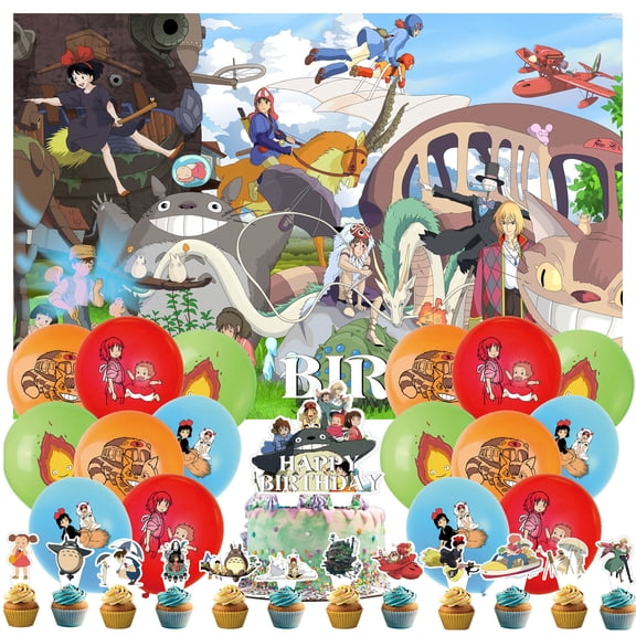 30 PCS For Studio Ghibli Cartoon Themed Anime Birthday Party Supplies Totoro  Includes Backdrop Spirited Away, 16 Balloons, and 13 Cupcake Toppers Howl's Moving Castle Party Decorations Set
