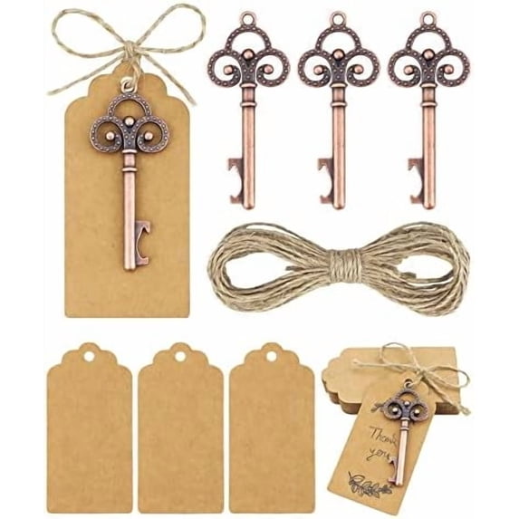 30 PCS Vintage Skeleton Key Bottle Openers, Party Return Gifts for Guests, Key Bottle Opener with Escort Card Tag and Twine for Wedding Party Favors Rustic Decoration (Red Copper)