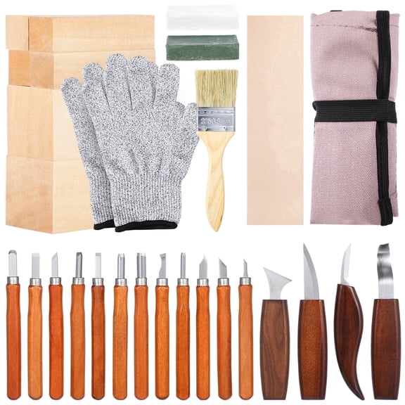 30 Pcs Professional Wood Carving Kit with Whetstone & Gloves Complete Woodworking Tools for Beginners to Experts, Includes Basswood Blocks, Polish Wax & Cutters