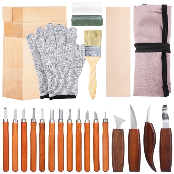 30 Pcs Professional Wood Carving Kit with Whetstone & Gloves Complete Woodworking Tools for Beginners to Experts, Includes Basswood Blocks, Polish Wax & Cutters