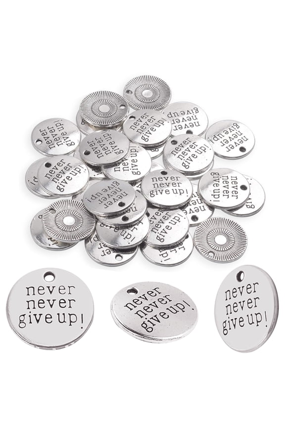 30 PCS of Alloy Inspirational Words Message Charm Pendants never never give up for Crafting Bracelet Necklace Jewelry Making Accessory