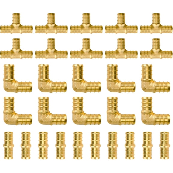 30-Pack 1/2 Inch PEX Fittings, 10 Each Elbow Tee Coupling, No Lead Brass, Pex Fitting 1/2 Inch Assortment, UPC, NSF Certified