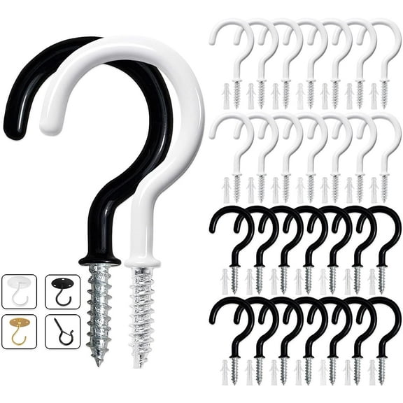 30 Pack 1.8 Inches Ceiling Hooks for Hanging Plants, Utensils, and kitchenware - Holds up to 50lbs, Vinyl Coated Screw-in Plant and Cup Hooks for Wooden and Drywall with 30 Plastic Pipes