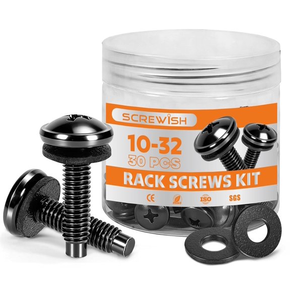 30 Pack 10-32 Rack Screws with Nylon Washers, Self-Guiding Pilot Point, Carbon Steel Black Zinc Plated for Server Racks, Network Cabinets