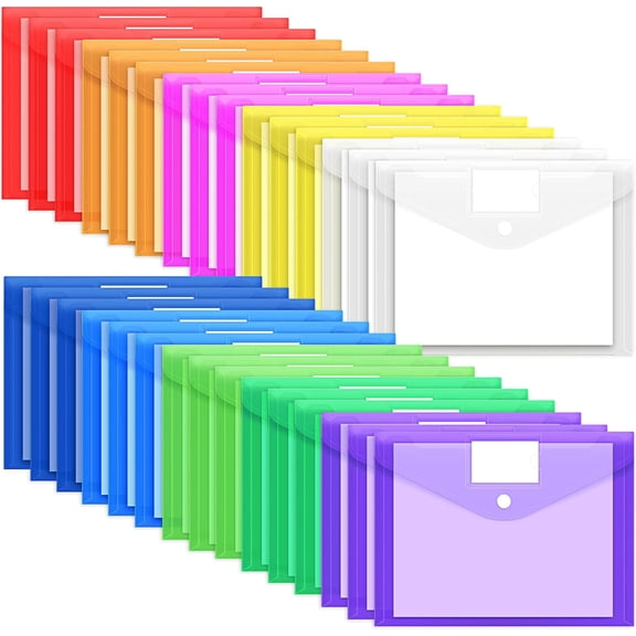 30 Pack 10 Color Plastic Envelopes Poly Envelopes, Hook & Loop Closure File Folders Clear Document with Label Pocket A4 Size