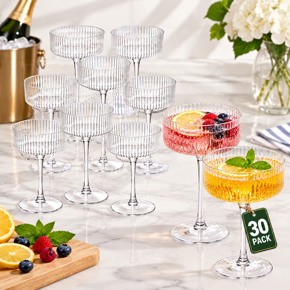 30-Pack 10oz Reusable Clear Ribbed Plastic Martini Coupe Glasses