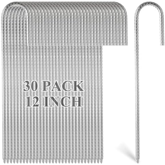 30 Pack 12inch Galvanized Rebar Stakes J Hook, Heavy Duty J Hook Ground Anchors, Curved Steel Support Garden Stake with Chisel Point end for Fence Stakes, Canopies, Sheds, Swing Sets$$Garden & Patio