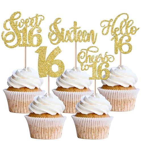 30 Pack 16th Birthday Cupcake Toppers Gold Glitter Sweet 16 Party