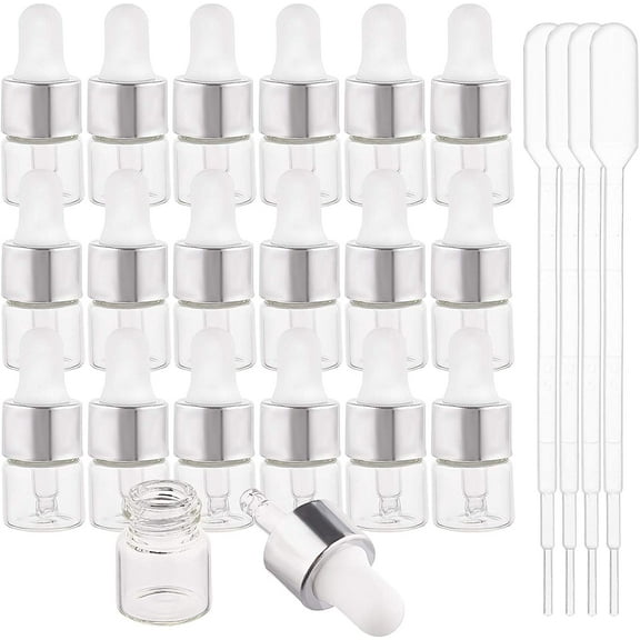 30 Pack 1ml Clear Glass Dropper Bottle Eye Essential Oil Bottles with Silver Caps and 4PCS Plastic Dropper for Aromatherapy Cosmetics Samplep Clear 1bag