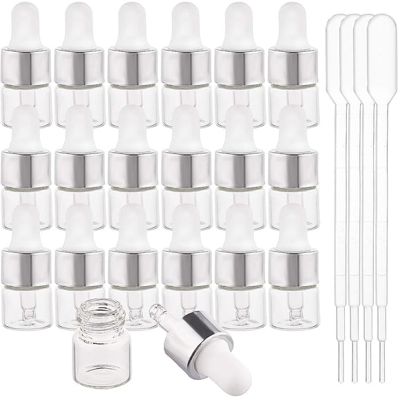 30 Pack 1ml Clear Glass Dropper Bottle Eye Essential Oil Bottles with Silver Caps and 4PCS Plastic Dropper for Aromatherapy Cosmetics Samplep
