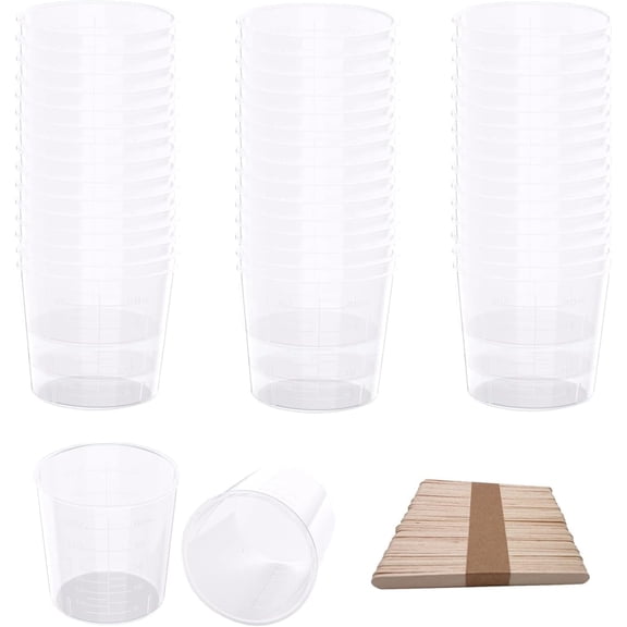 30 Pack 2 Ounce Plastic Graduated Measuring Cups 60 ml Transparent Mixing Cups with 30 Wooden Stir Sticks for Paint, Stain, Epoxy, Resin Craft Projects