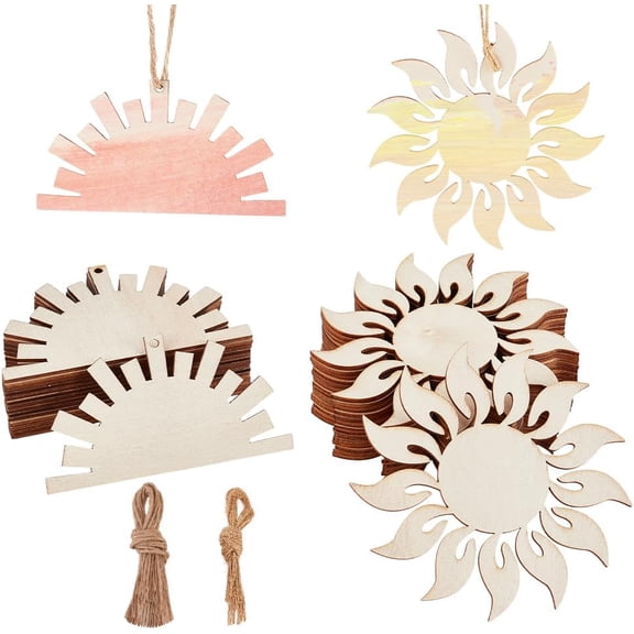 30 Pack 2 Styles Flower Wood Cutouts Sun Wood Door Hanger with Jute Cord Unfinished Wooden Ornaments Boho Wooden Hanging Ornaments for Summer DIY Painting Home Party Decoration colorful