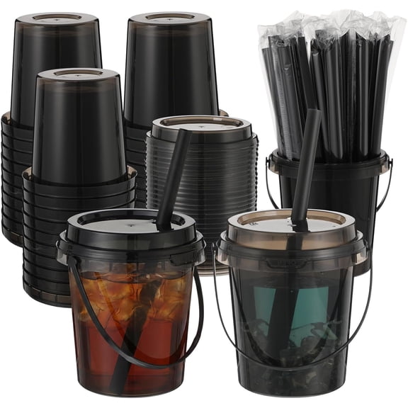 30 Pack 24 oz Disposable Clear Plastic Drink Buckets with Lids Handles and Straws Black