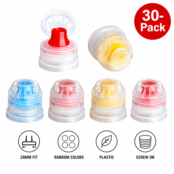 30-Pack 28mm Sports Bottle Caps, Random Colors, Plastic