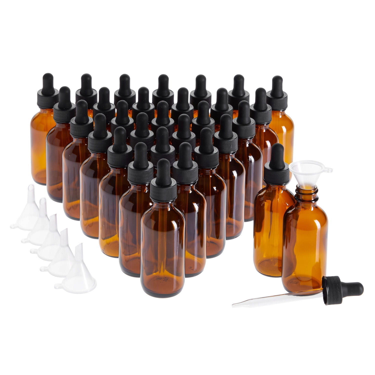 Amber Glass Dropper Bottles - UV-Protected Essential Oil Storage - Travel-Ready Funnel & Leakproof Oil Dispenser - Glass Perfume Bottles - 2 Fl Oz, Pack of 30 with 6 Funnels