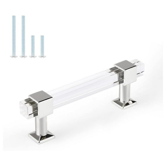 30 Pack 3-1/2 Inch Hole Center Kitchen Cabinet Pulls, Silver Chrome Base Cabinet Handles with Square Clear Tube, Drawer Pulls for Wardrobe, Cupboard, Dresser Drawer