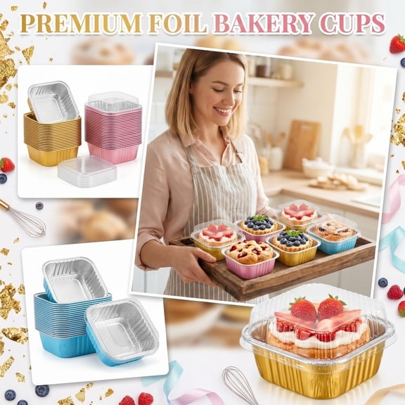 30 Pack 3.5X3.5X1.5 Inch Disposable Aluminum Pans, Mini Aluminum Pans with Lids, Disposable Baking Pans with Lids, Individual Cake Pans with Lids, Oven Safe Square Disposable