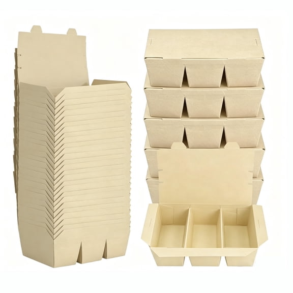 30 Pack 50 oz Paper To Go Containers, 3 Compartment Take Out Food Containers, Bamboo Pulp Paper Take Out Boxes, Microwavable, Leak and Grease Resistant for Restaurants, Picnics, Offices and Catering