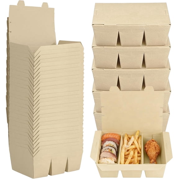 30 Pack 50 oz Paper To Go Containers, 3 Compartment Take Out Food Containers, Bamboo Pulp Paper Take Out Boxes, Microwavable, Leak and Grease Resistant for Restaurants, Picnics, Offices and Catering
