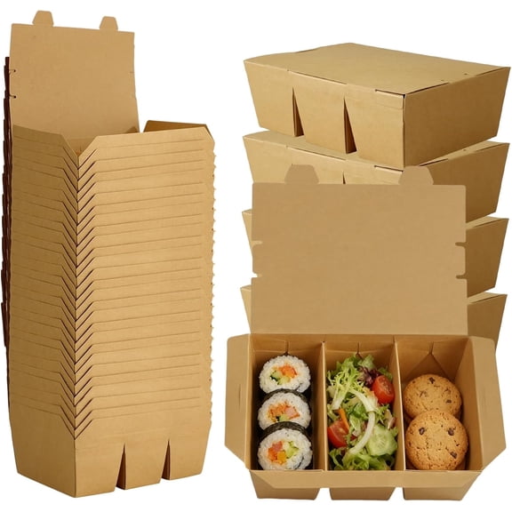 30 Pack 3 Compartment Kraft Brown Paper Take Out Food Containers 7.5 x 5.4 x 2.6 in Disposable Greaseproof Bento Boxes with Lid for Lunch Dinner Takeout