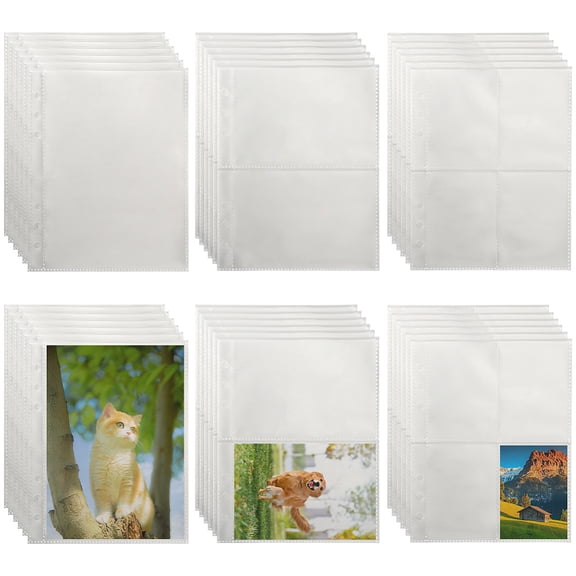 30 Pack 3 Styles A5 Binder Pockets Plastic Photo Sleeves with 6 Rings 7.7 x 5.98 Inch Clear 1/2/4 Pockets Rectangle Refill Core Insert Protector
