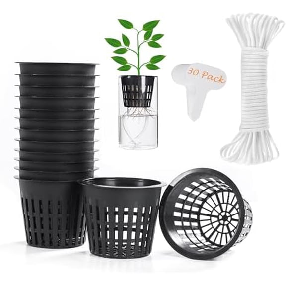30 Pack 3 inch Net Cup Pots with 30 feet Hydroponic Self Watering Wick & 30 Plant Labels Aquaponics Mason Jar Bucket Insert Orchid kratky Vegetable Gardening Growing Netted Basket Slotted Mesh