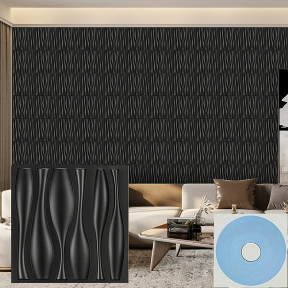 30-Pack 3D Wall Panels for Interior Wall Décor, PVC Wavy Textured Accent Wall Paneling for Living Room Bedroom TV Backdrop Office, 11.8 x 11.8 Inch - Black