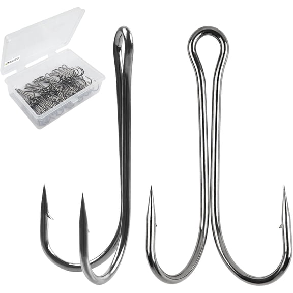 30-Pack Double Frog Hooks, Size 2/0, 3X Strong High-Carbon Steel Barbed Fishing Hooks for Bass, Freshwater & Saltwater