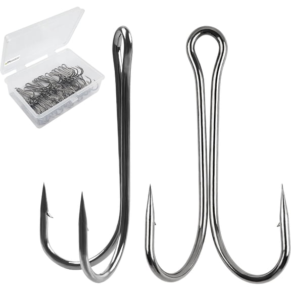 30 Pack 3X Strong Barbed Double Frog Hooks for Bass Fishing, High Carbon Steel Saltwater Freshwater Tackle, 2/0 frog hook