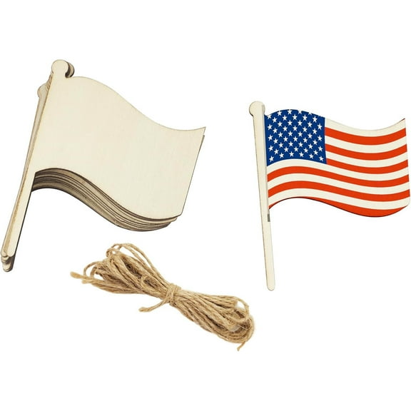 30 Pack 4 Inch Wood Flag Crafts Unfinished Wood Flag Cutouts Wooden US Flag Hanging Ornaments DIY Flag Craft Gift Tags for Home Party Decoration Craft Project