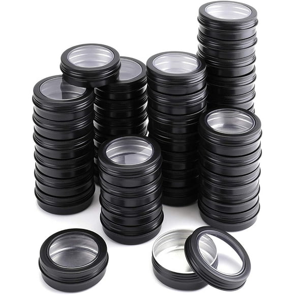30 Pack 4 Ounce Round Tins Screw Lids Tin Cans with Clear Window Matte Black Metal Spice Containers Aluminum Travel Storage Jars for Kitchen, Office, Gifts, Candies