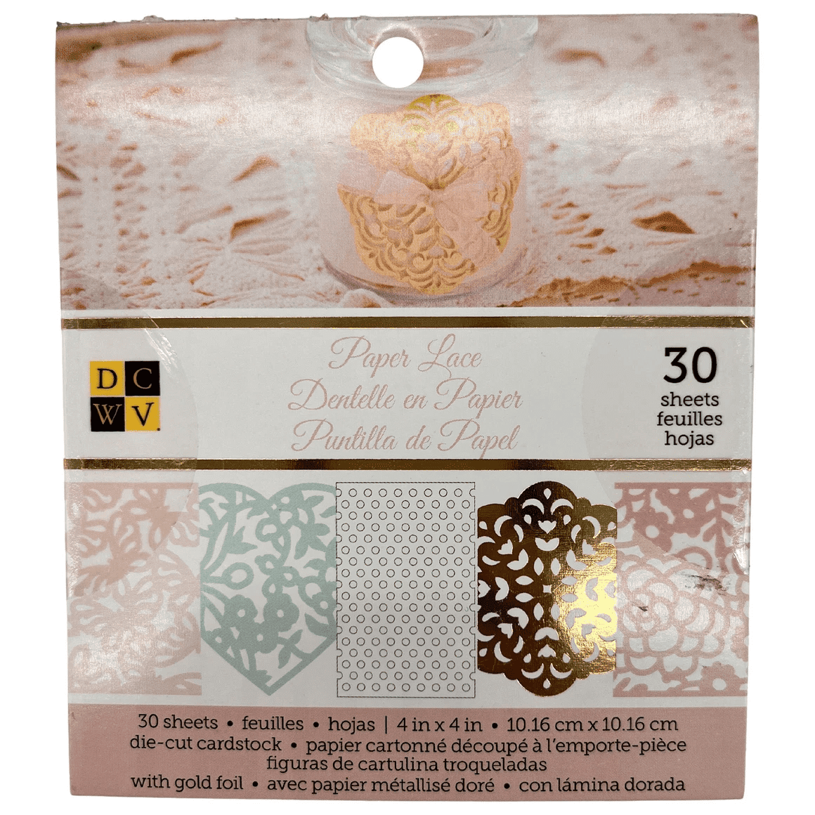 30 Pack 4 in x 4 in Paper Lace Paper Pad, 5 Assorted Colors, Designs, Includes Elegant Gold Foil Accents, Die Cut Cardstock for Scrapbooking, DIY Crafts, Handmade Cards, Sophisticated Craft Projects