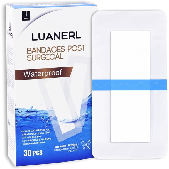30 Pack 4"x 8" Waterproof Adhesive Island Dressing for Post-Surgery Recovery | Sterile Bordered Gauze Bandages with Non-Stick Pad Knee/Hip Replacement, Surgical Incision Care & Shower Protection