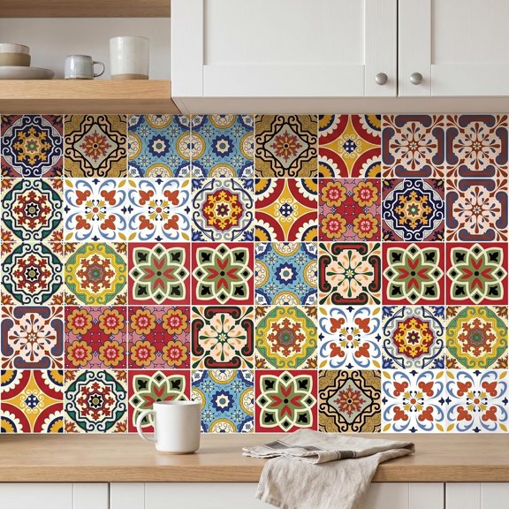 30 Pack, 4x4 Inch Mediterranean Tile Stickers, Colorful Peel and Stick Backsplash, Boho Decorative Vinyl for Kitchen