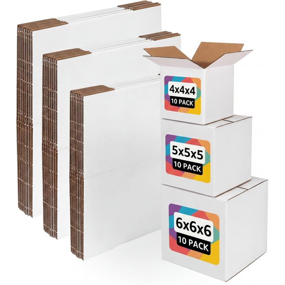 30 Pack 4x4x4, 5x5x5, 6x6x6 Sizes Shipping Boxes for Small Business, Each Size 10 Pack, White Corrugated Cardboard Small Box for Packaging, Moving, Mailing, and Storing