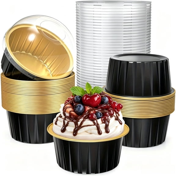 30 Pack 5 OZ Mini Cake Pans with Lids, Disposable Aluminum Foil Ramekins Muffin Tin, Round Brownie Pudding Cupcake Baking Cups, Mini Cake Containers Flan Molds for Wedding Birthday Party