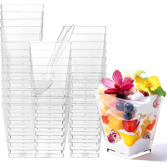 30 Pack 5 oz Square Dessert Cups with Spoons, Clear Plastic Parfait Cups for Party, Mini Serving Shooter Appetizer Cups, Dessert Shot Glasses for Tasting Samples Fruit Ice Cream