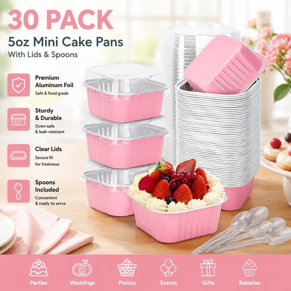 30 Pack 5oz Pink Mini Cake Pans with Lids - Aluminum Foil Baking Cups, Disposable Dessert Containers for Parties, Picnics, Weddings, and Sales Events