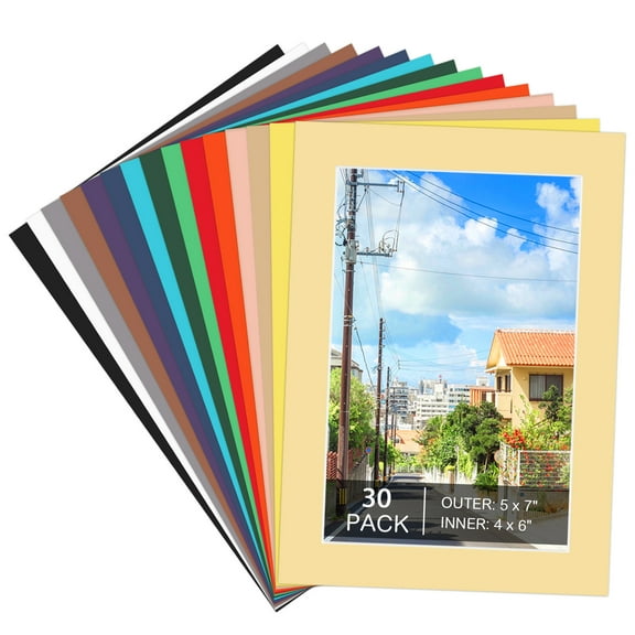 30 Pack 5x7 Picture Mats, Mixed Colors Frame Mattes for 4x6 Pictures Photo Frame Mat Core Bevel Cut Mat Board Show Kit for Photos, Prints, Artworks