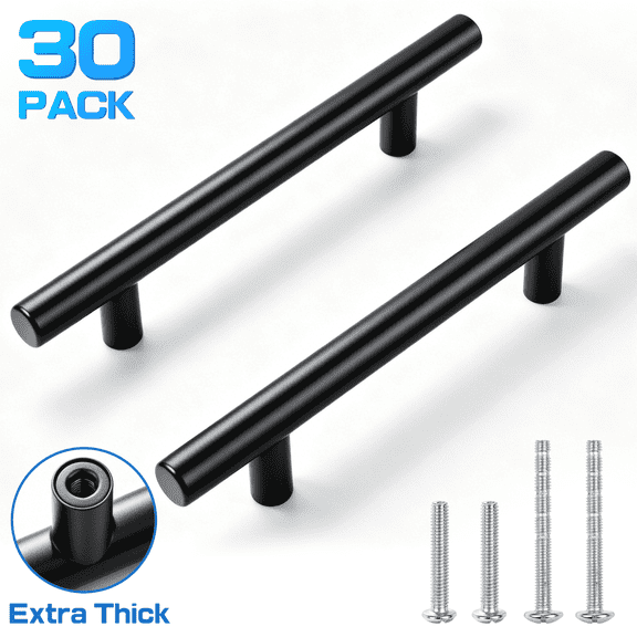 30 Pack 6 Inch Cabinet Pulls Matte Black Stainless Steel Kitchen Drawer Pulls Cabinet Handles 6 InchLength, 3/4 Inch Hole Center with Mounting Template