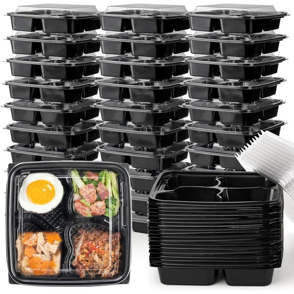 30 Pack (60-Pcs) Meal Prep Containers, 4 Compartment Bento Lunch Box with Lid, Disposable Plastic Food Storage To Go, 34oz Portion Control Take Out Box for Adult, Not Microwave Dishwasher Safe