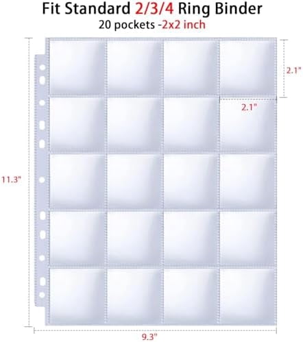 30 Pack 600 Pockets 2x2” Coin Flip Sleeves, Heavy Duty Stamp Collection Pages for 3 Ring Binder, 20 Pocket Photo Slide Flips Organizer Sheet, Top Loading Clear Cardboard Coin Holder Sleeves
