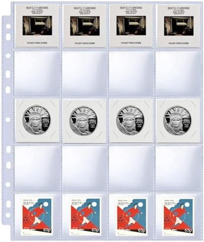 30 Pack 600 Pockets 2x2” Coin Flip Sleeves, Heavy Duty Stamp Collection Pages for 3 Ring Binder, 20 Pocket Photo Slide Flips Organizer Sheet, Top Loading Clear Cardboard Coin Holder Sleeves