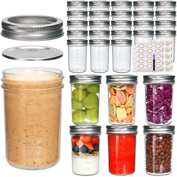 30 Pack 8 oz Mason Jars with Lids, Half Pint Clear Glass Canning Jars, Glass Jars for Jam, Jelly, Honey, Spices, Food Storage,Pickling, Meal Prep, Wedding Favors and DIY Crafts