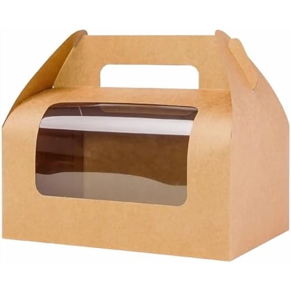 30 Pack 9x6x6 Large Windowed Gable Boxes Disposable Lunch Box Brown Gift Boxes with Handles To Go for Treat Lunch Birthday Wedding Party Favors Picnic Christmas